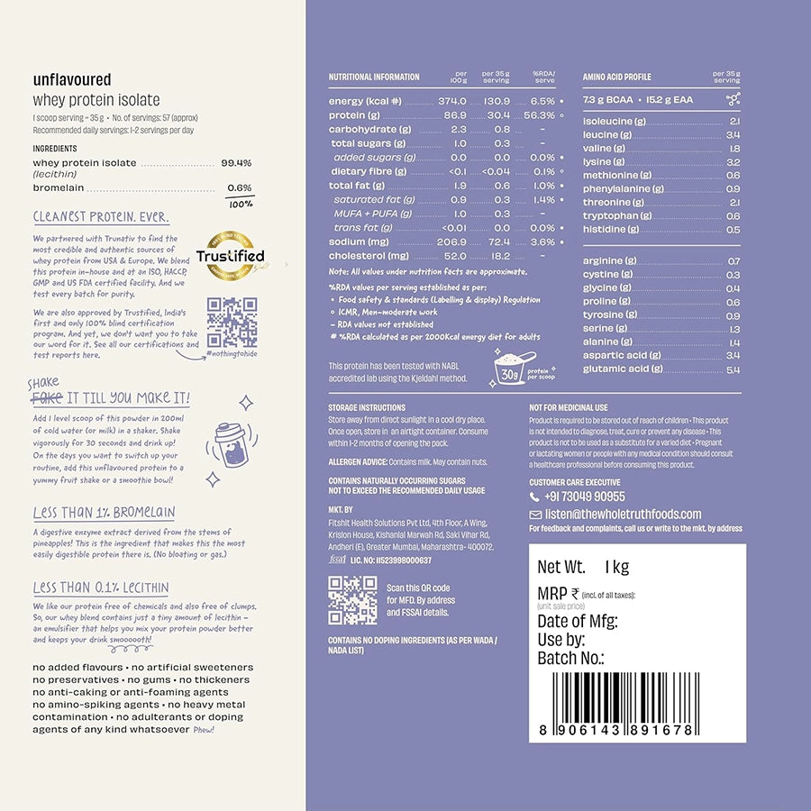 TheWholeTruth Raw Whey Protein Isolate, 1Kg